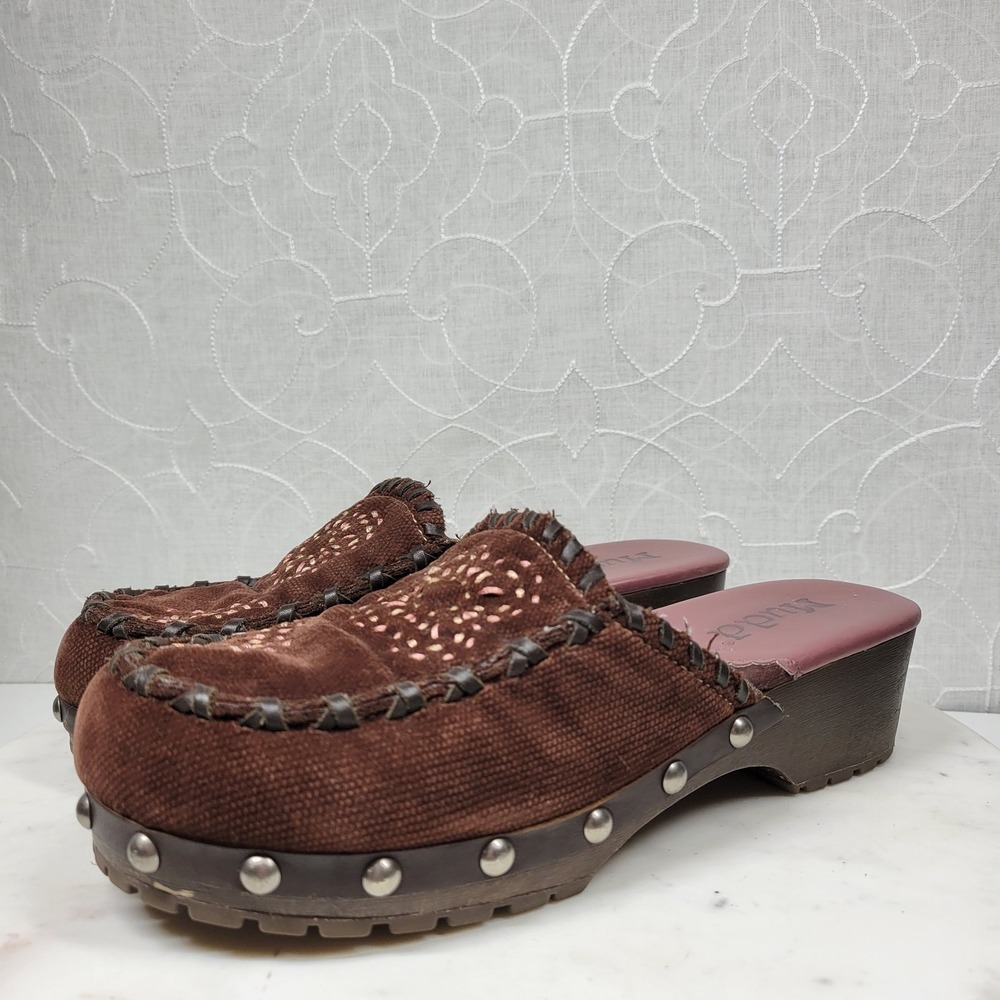 VTG Mudd Embroidered Mules Womens 9 Brown Floral Rivets Wooden Platform Y2K - Picture 9 of 14